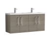 Nuie Arno Wall Hung 1200mm 4 Door Vanity Unit with Twin Polymarble Basin in Oak