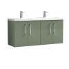 Nuie Arno Wall Hung 1200mm 4 Door Vanity Unit with Twin Ceramic Basin in Green