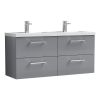 Nuie Arno Wall Hung 1200mm 4 Drawer Vanity Unit with Twin Polymarble Basin in Grey