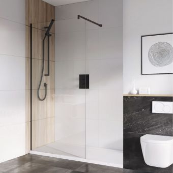 UK Bathrooms Essentials 8mm Wet Room Panel with Wall Bracing Bar in Black
