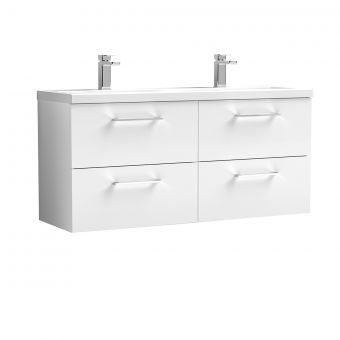 Nuie Arno Wall Hung 1200mm 4 Drawer Vanity Unit with Twin Ceramic Basin in White