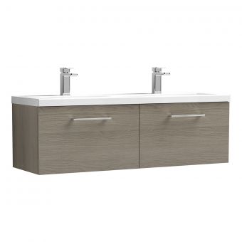 Nuie Arno Wall Hung 1200mm 2 Drawer Vanity Unit with Twin Ceramic Basin in Oak