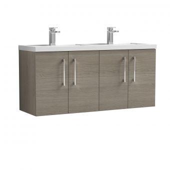 Nuie Arno Wall Hung 1200mm 4 Door Vanity Unit with Twin Polymarble Basin in Oak