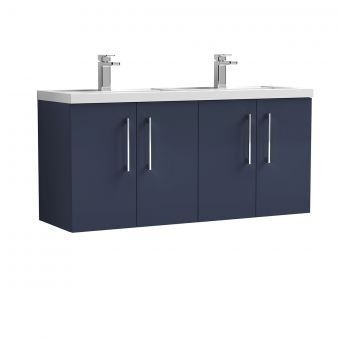 Nuie Arno Wall Hung 1200mm 4 Door Vanity Unit with Twin Polymarble Basin in Blue