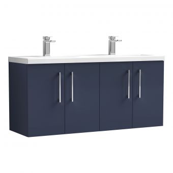 Nuie Arno Wall Hung 1200mm 4 Door Vanity Unit with Twin Ceramic Basin in Blue