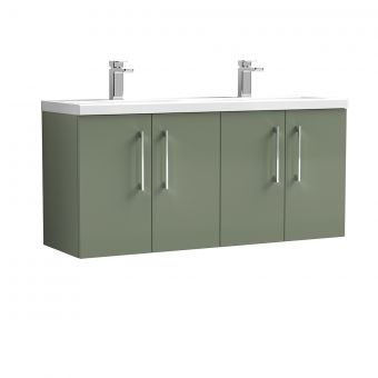 Nuie Arno Wall Hung 1200mm 4 Door Vanity Unit with Twin Ceramic Basin in Green