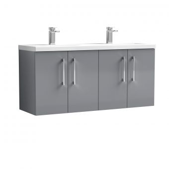 Nuie Arno Wall Hung 1200mm 4 Door Vanity Unit with Twin Ceramic Basin in Grey