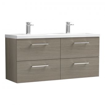 Nuie Arno Wall Hung 1200mm 4 Drawer Vanity Unit with Twin Ceramic Basin in Oak