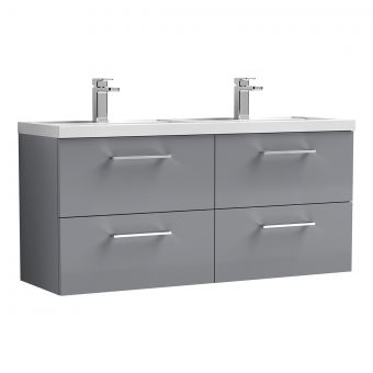 Nuie Arno Wall Hung 1200mm 4 Drawer Vanity Unit with Twin Polymarble Basin in Grey