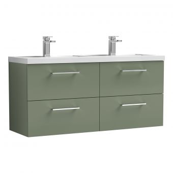 Nuie Arno Wall Hung 1200mm 4 Drawer Vanity Unit with Twin Polymarble Basin in Green