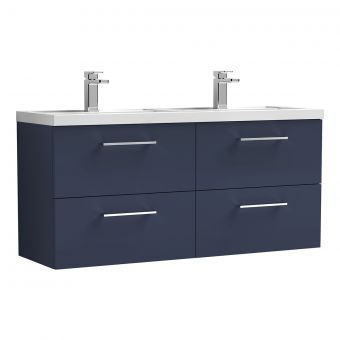 Nuie Arno Wall Hung 1200mm 4 Drawer Vanity Unit with Twin Polymarble Basin in Blue