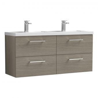 Nuie Arno Wall Hung 1200mm 4 Drawer Vanity Unit with Twin Polymarble Basin in Oak