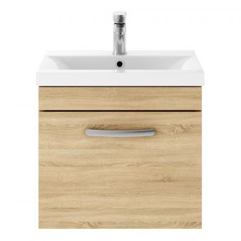 Nuie Athena Wall Hung 1 Drawer Vanity Unit and Mid-Edge Basin in Natural Oak
