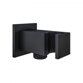 Essentials Square Outlet Elbow with Shower Bracket in Matt Smooth Black