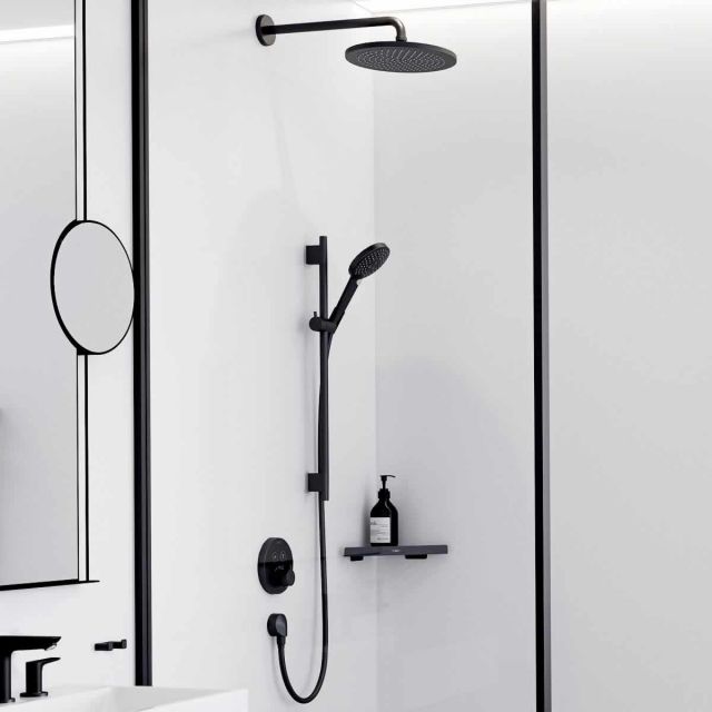 hansgrohe Round Select Concealed Shower Valve with Croma 280 Overhead and Select Rail Kit  in Matt Black - 88102067