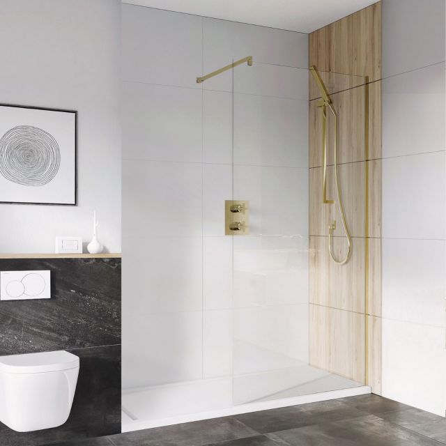 Essentials 10mm Wet Room Panel with Wall Bracing Bar in Brushed Brass