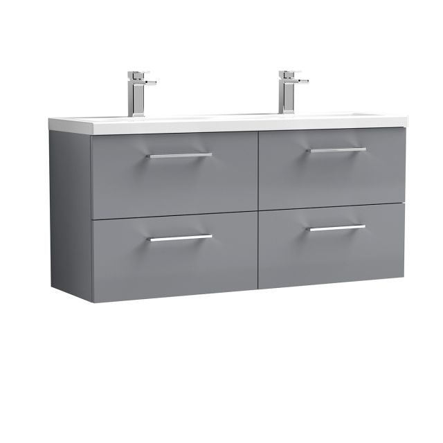 Nuie Arno Wall Hung 1200mm 4 Drawer Vanity Unit with Twin Ceramic Basin in Grey