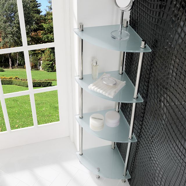 UK Bathrooms Essentials Corner Glass Shelves in Chrome